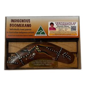Boxed 6 Inch Animal and Weapons Traditional Boomerang with Stand