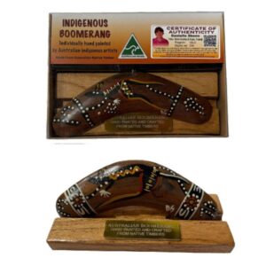 Boxed 6 Inch Animal and Weapons Traditional Boomerang with Stand