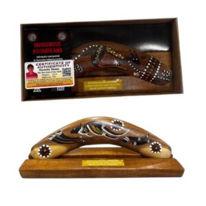 Boxed 8 Inch Animal and Weapons Traditional Boomerang with Stand