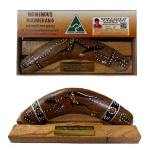 Boxed 8 Inch Animal and Weapons Traditional Boomerang with Stand