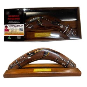 Boxed 10 Inch Animal and Weapons Traditional Boomerang with Stand