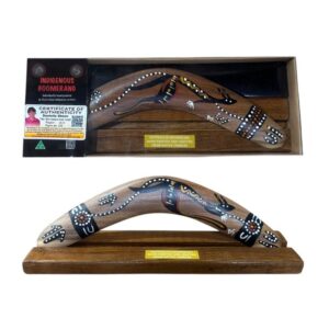 Boxed 12 Inch Animal and Weapons Traditional Boomerang with Stand