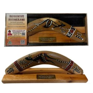 Boxed 12 Inch Animal and Weapons Traditional Boomerang with Stand